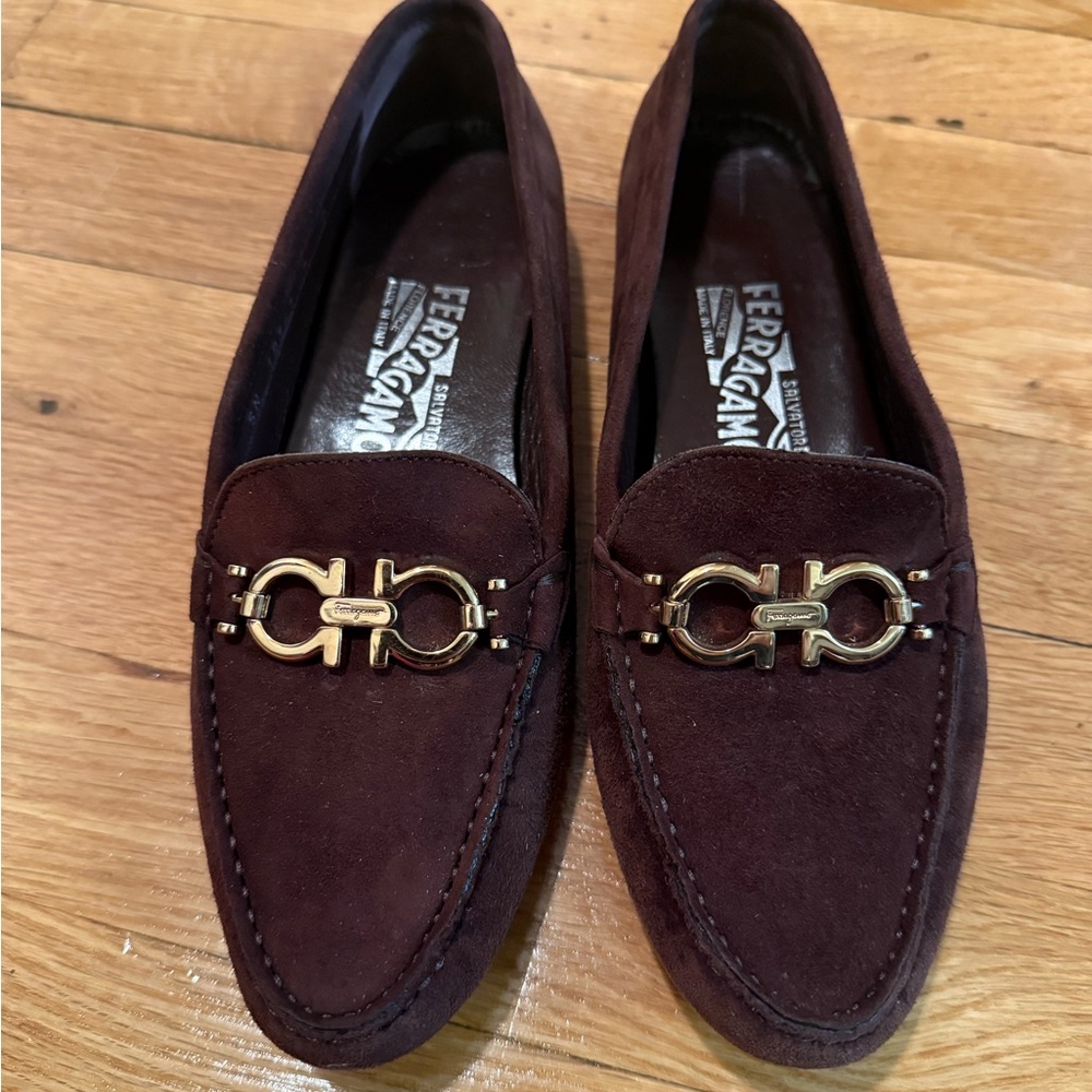 Salvatore Ferragamo Women's Burgundy Loafers with Gold Detail